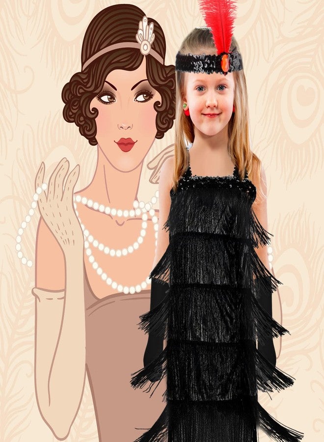 Seematn 4 Pieces Girl's 20s Flapper Dresses Costume Set Feather Headband Fringed Dresses Gloves for Halloween Party(One Size,Black) - Image 5